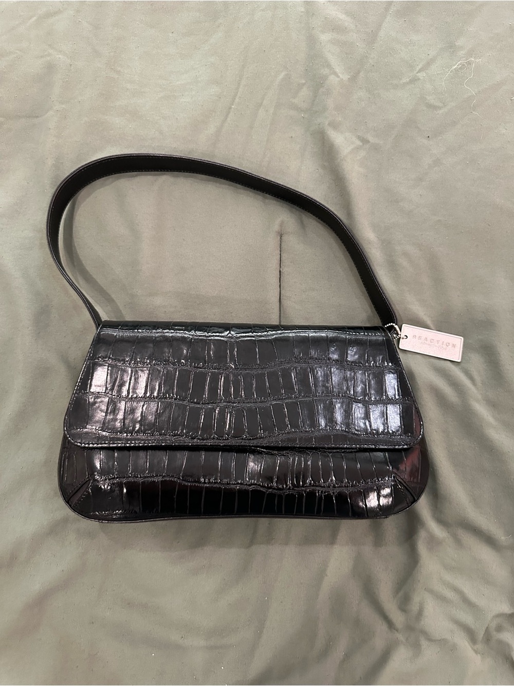 Reaction Kenneth Cole Black Croc-Embossed Shoulder Bag